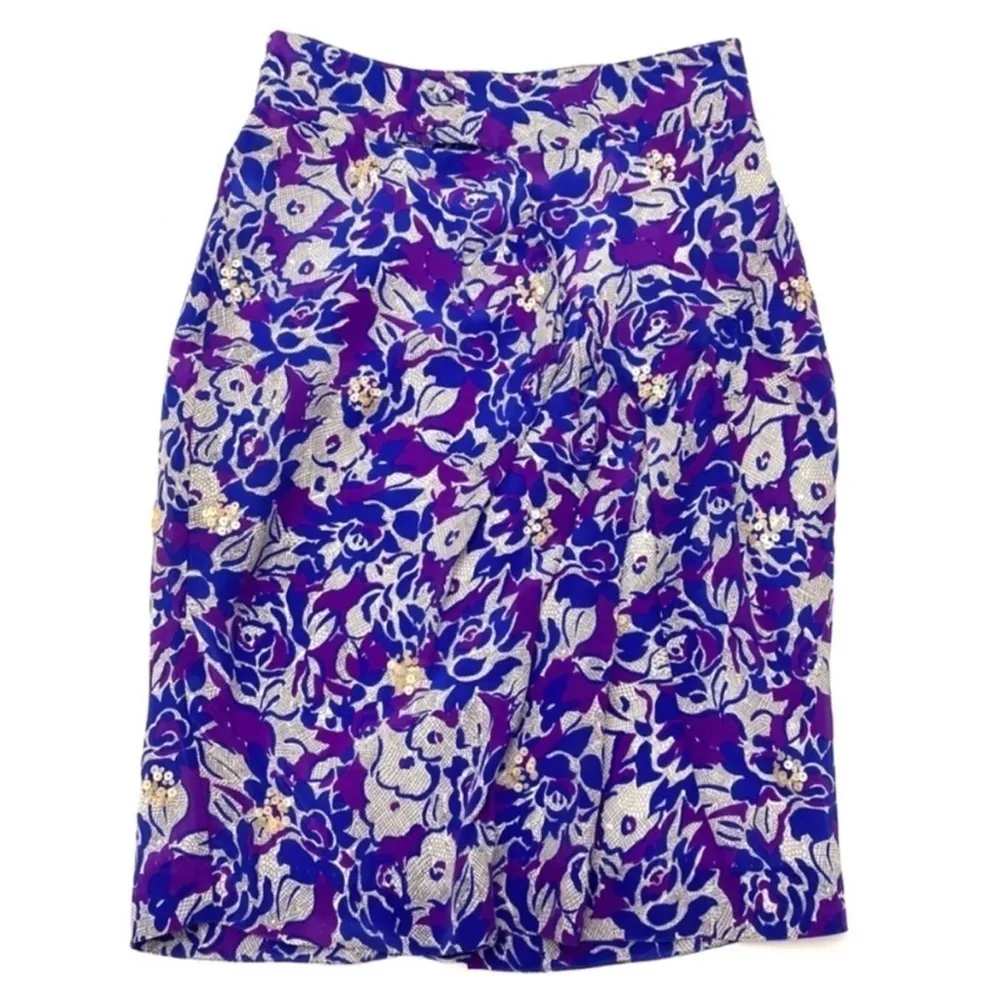 Anthropologie Fei Floral Silk Pencil Skirt Sequin Blue Purple 8 - Image 2