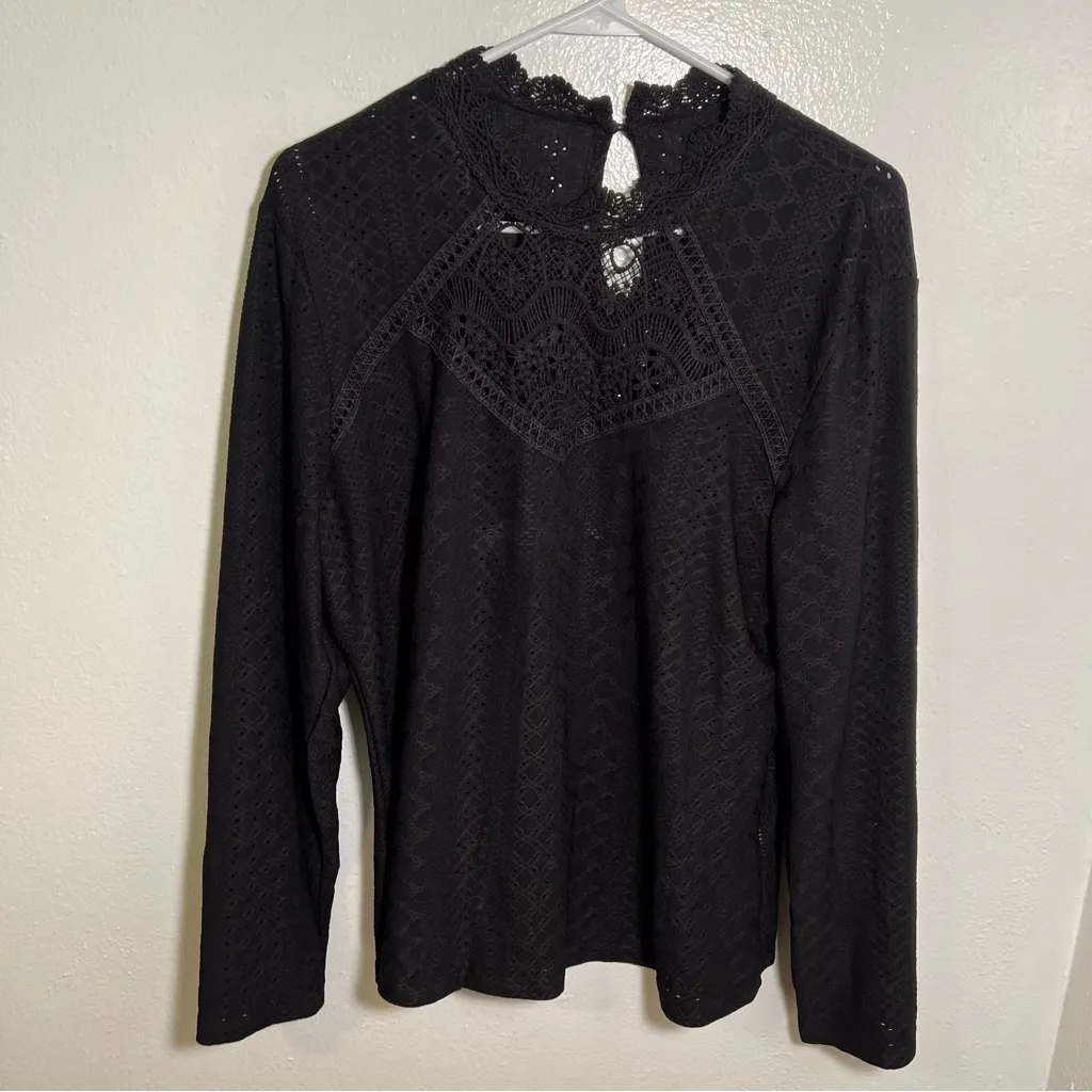 Shein Curve Long Sleeve Blouse Black Lace High Neck Keyhole 2XL - Image 2