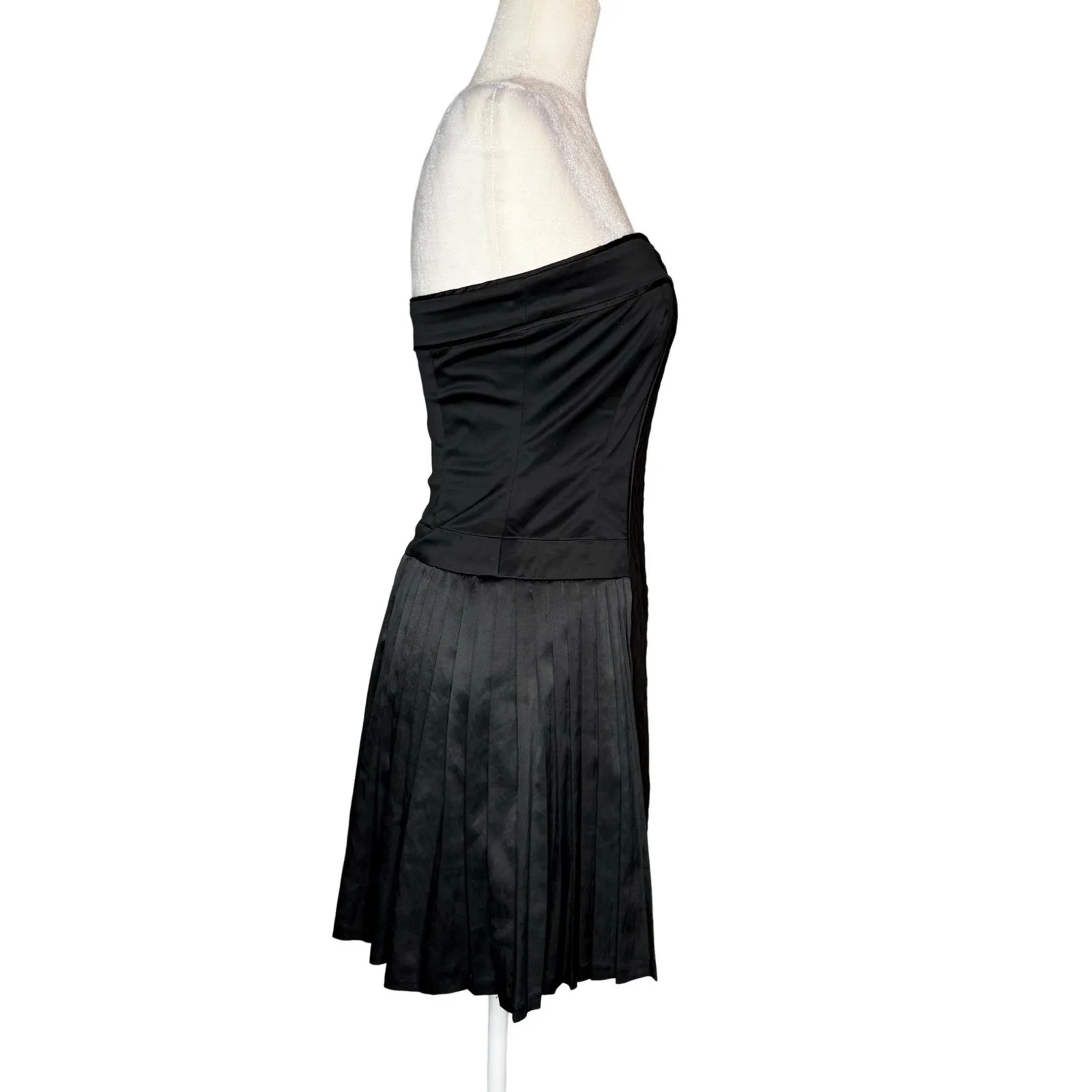 Bebe Mini Dress 4 Black Satin Strapless Zipper Pleated Cape Skirt Whimsigoth - Image 3