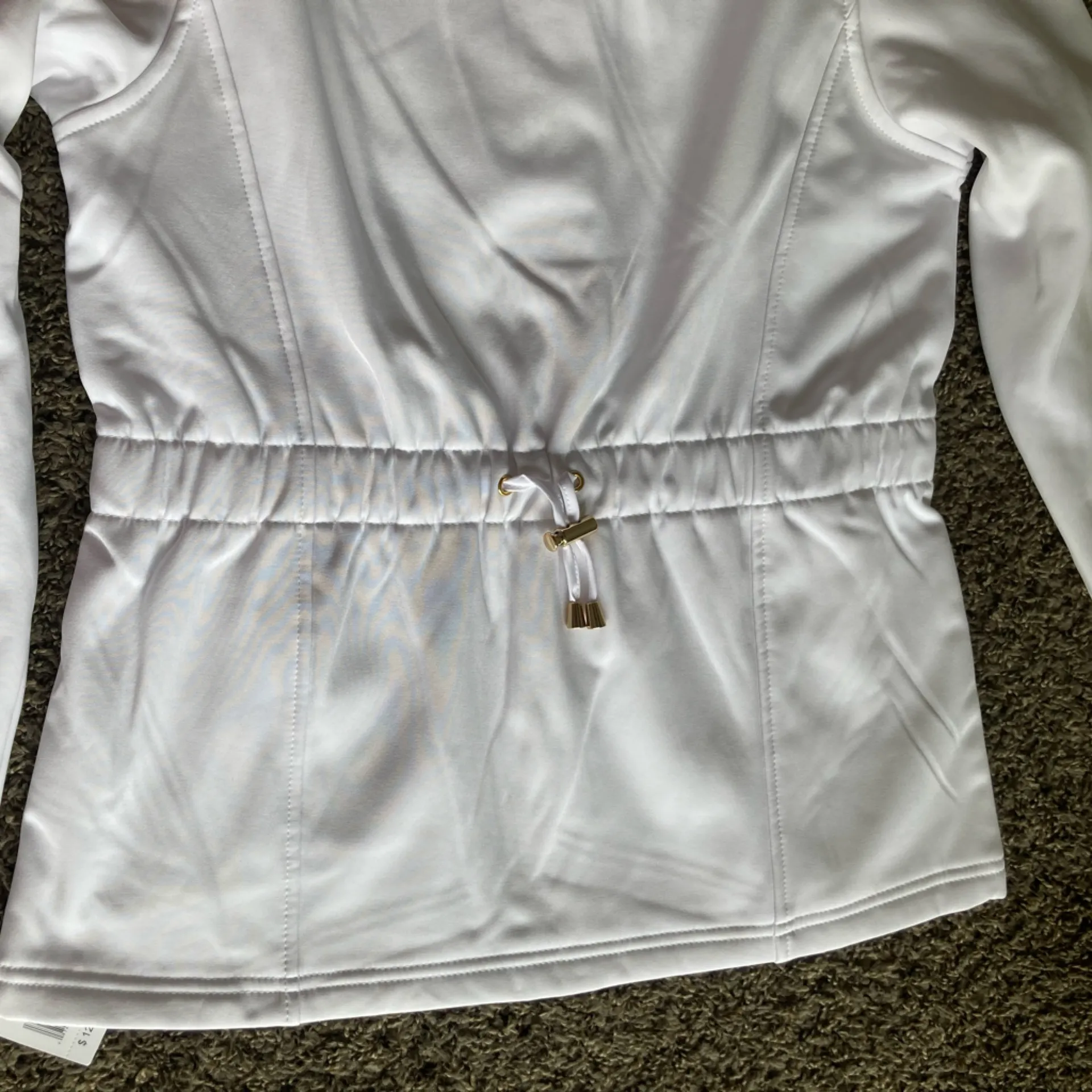 Bebe Women’s White Hooded Jacket Small Gold Zip Pockets - Image 14