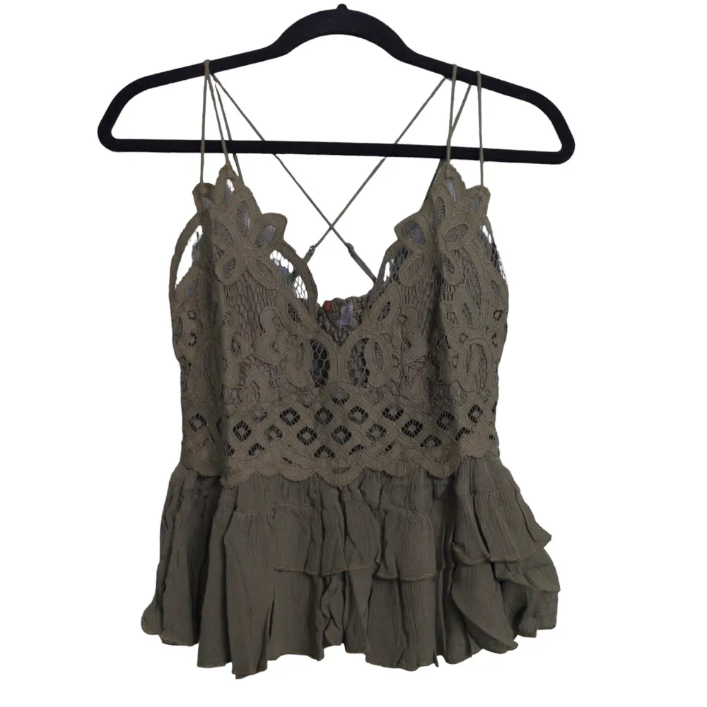 Free People Adella Cami Crochet Lace Flowy Tiered Crisscross Olive Sparrow L New - Image 2