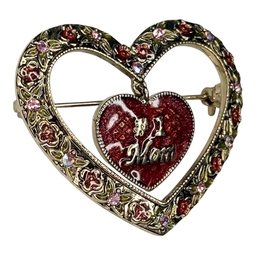 Vintage #1 Mom Heart Brooch Pin‎ Rhinestone Dangling Heart Mother's Day Gift Red - Image 6