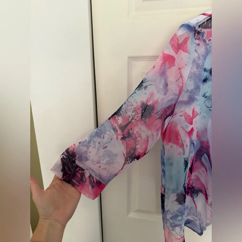 NWT Chico's Tonal Blooms Sheer Jacket Aqua Pearl Cardigan Shawl Size Large - Image 3