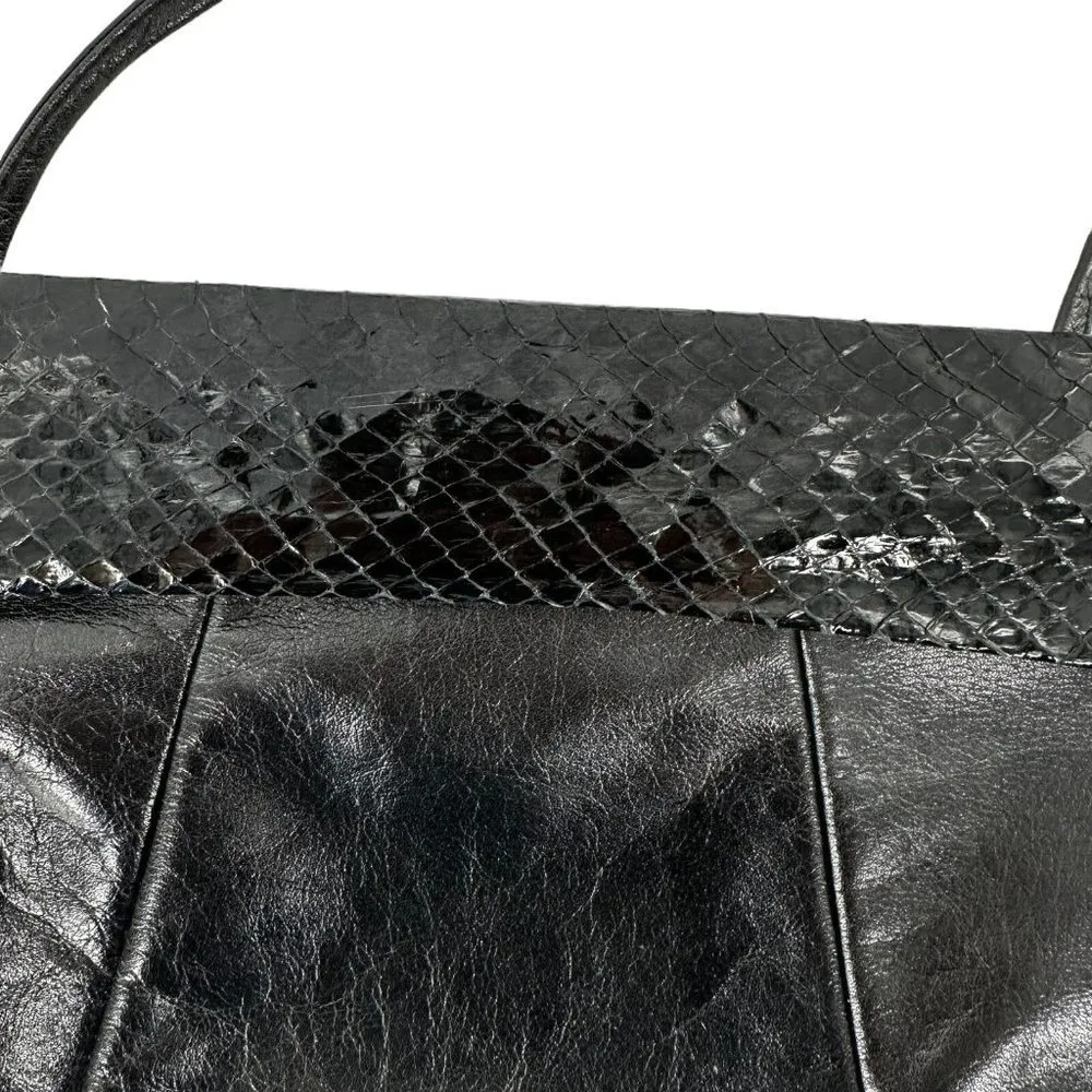 Vintage 80's Loredana Black Leather & Snakeskin Shoulder Bag Crossbody Handbag - Image 3