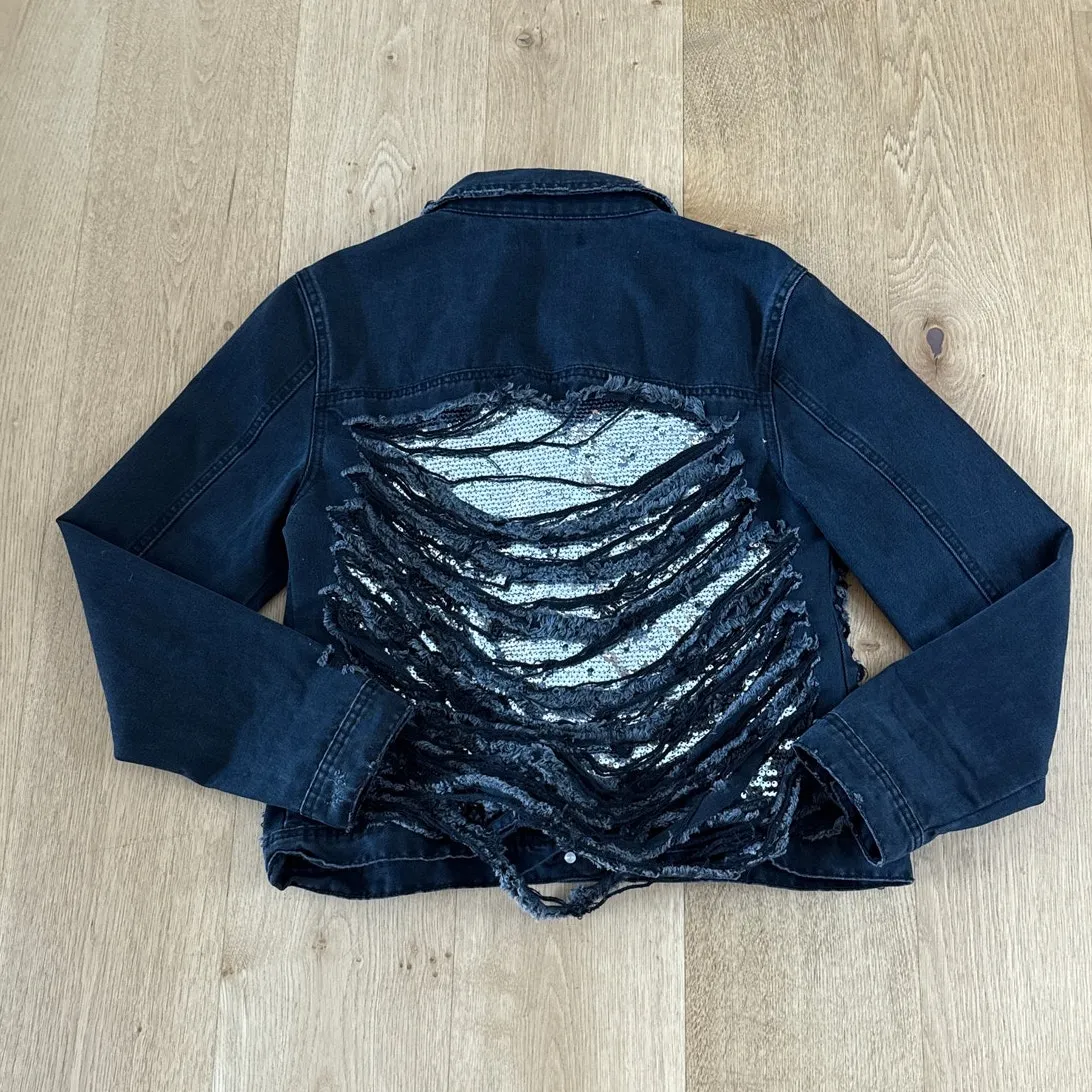 Missguided Denim Jacket Ripped Sequins Size 6 Black Silver - Image 4