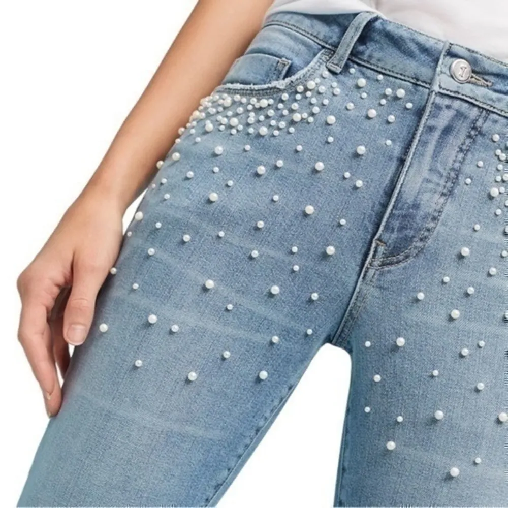 Pilcro Anthropologie Women’s 27 Light Blue Script High Rise Pearl Skinny Jeans - Image 2