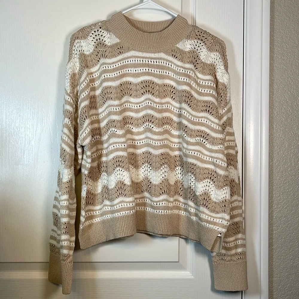 Anthropologie Open Stitch Knit Mock Neck Sweater Tan White Size XL EUC #0619-OC - Image 2