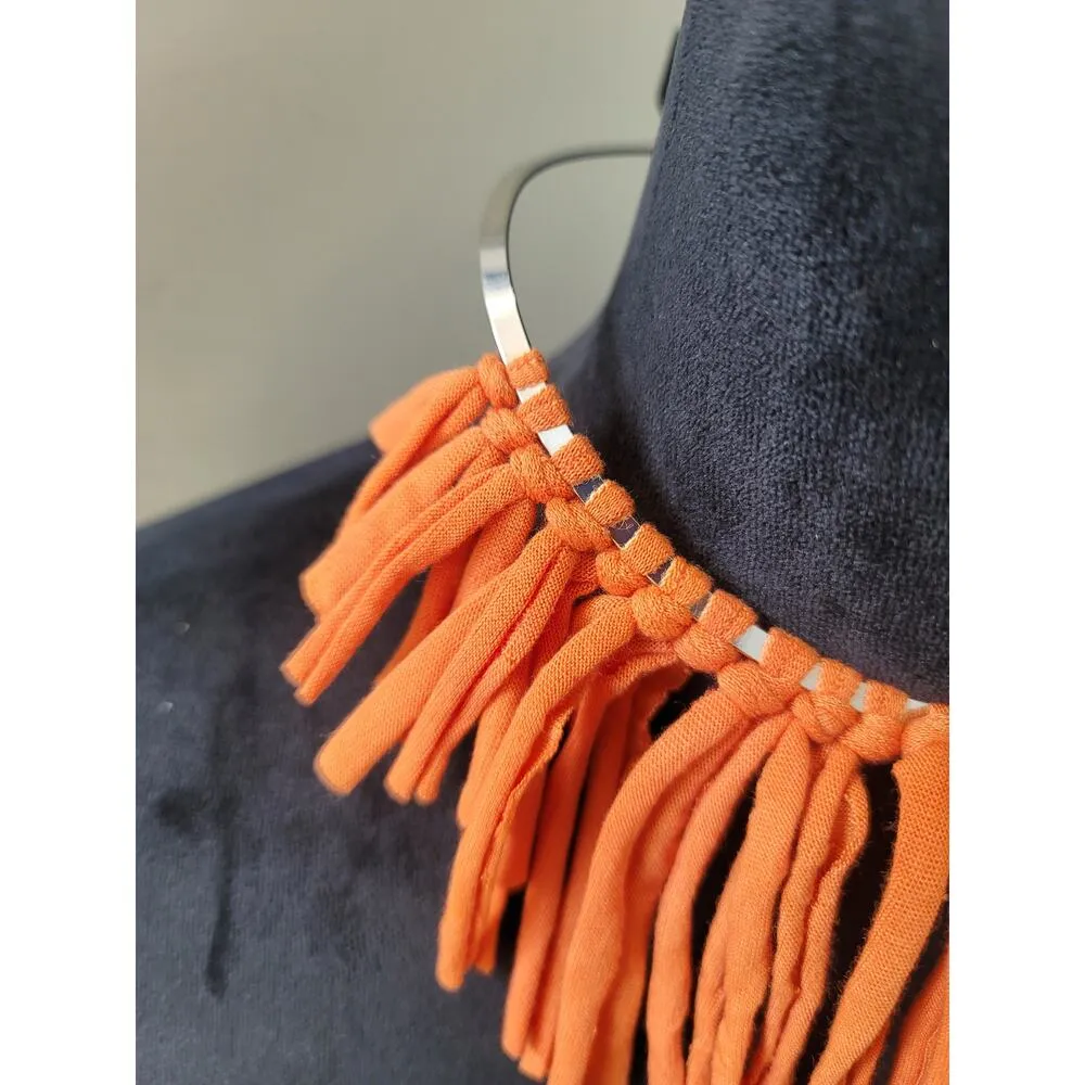 Women's Orange Fabric Fringe Hoop Earrings With Silver Metal Collar Necklace - Image 4
