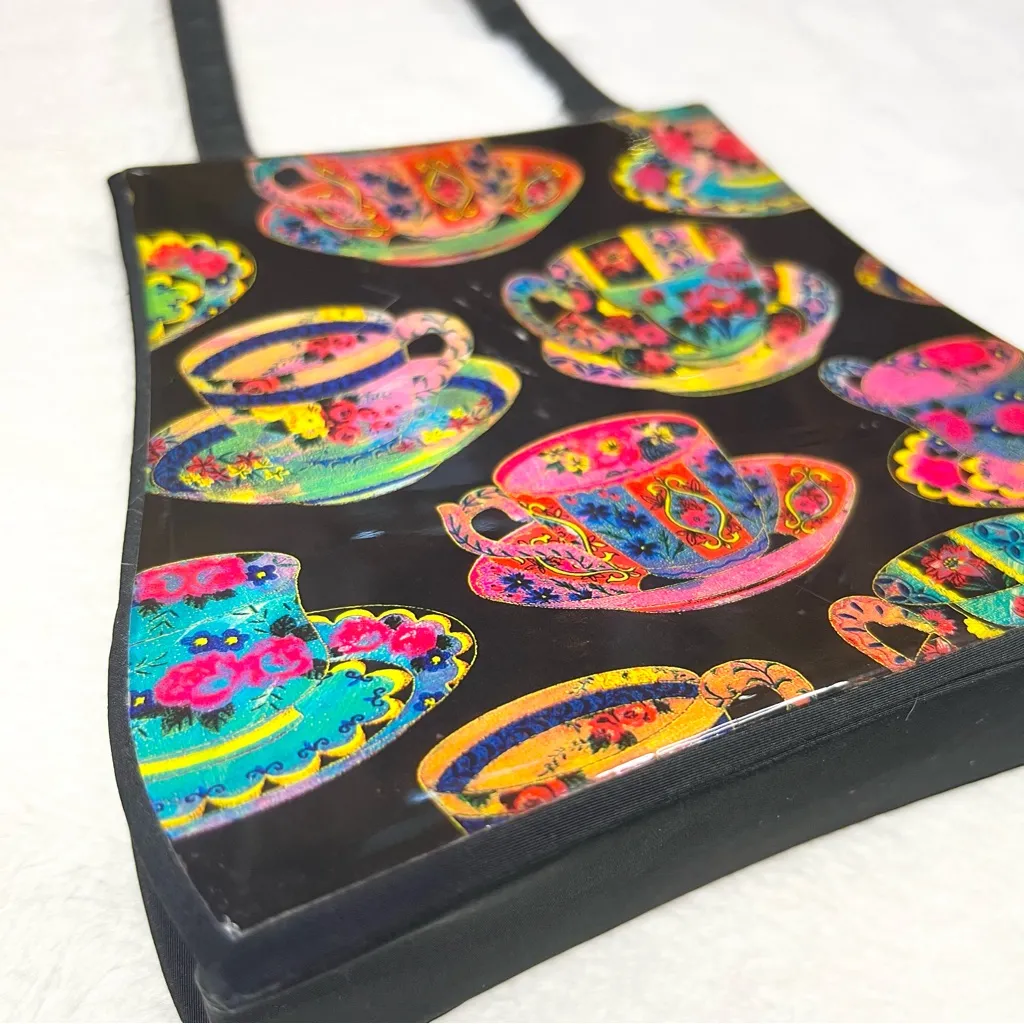 Vintage Angela Frascone Colorful Teacup Print Artistic Statement Bag Designer Black - Image 10