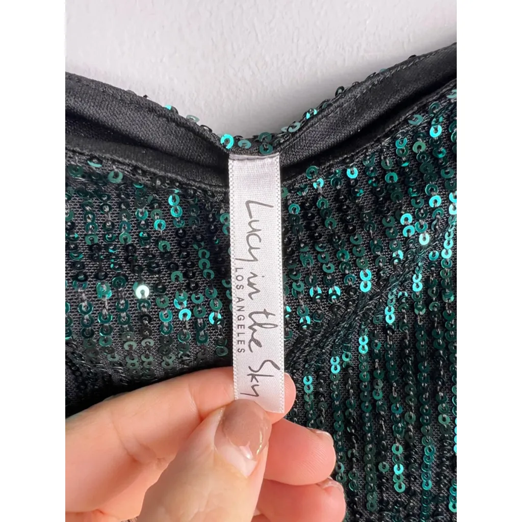 Lucy in the Sky Los Angeles Emerald Green Sequin Mini Dress Long Sleeve Square N - Image 3