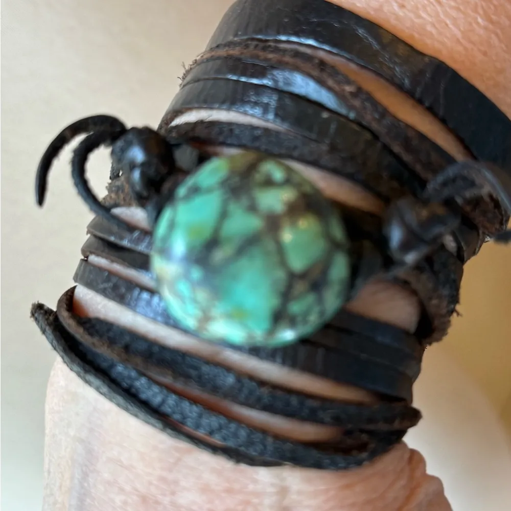 Black Leather Bracelet with Turquoise Stone - Image 3