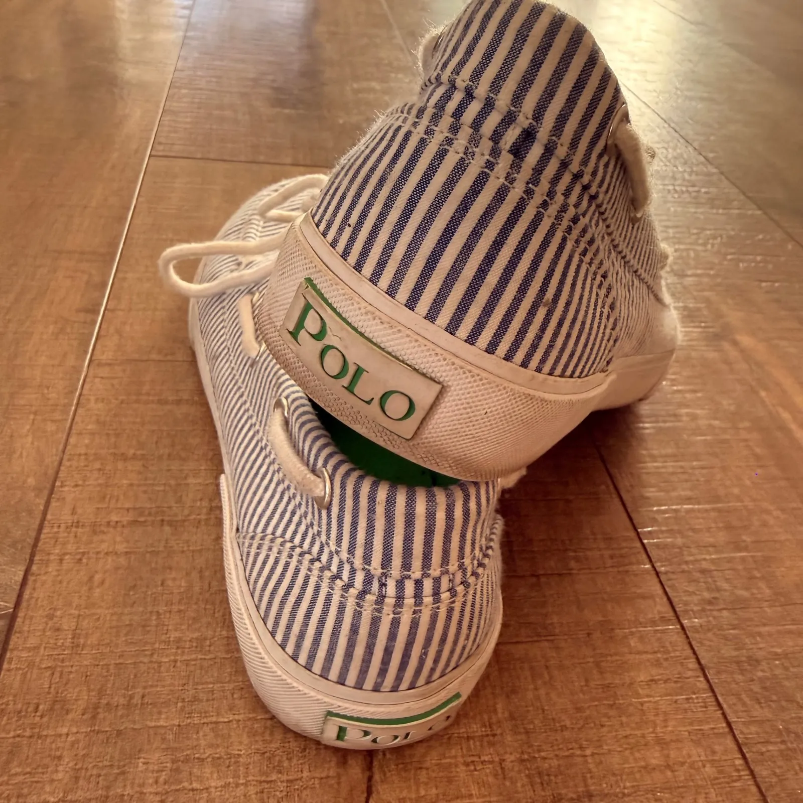 Womens Polo Ralph Lauren Boat Shoes Striped Lace Up Canvas Sneakers Lilia Size 8 - Image 7