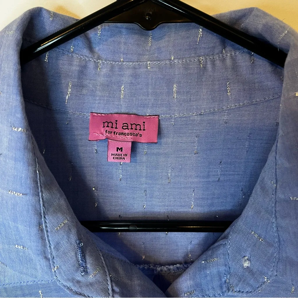 FRANCESCAS Mi Ami Light Blue Mini Dress Babydoll Denim Style Ruffled Tiered M - Image 6