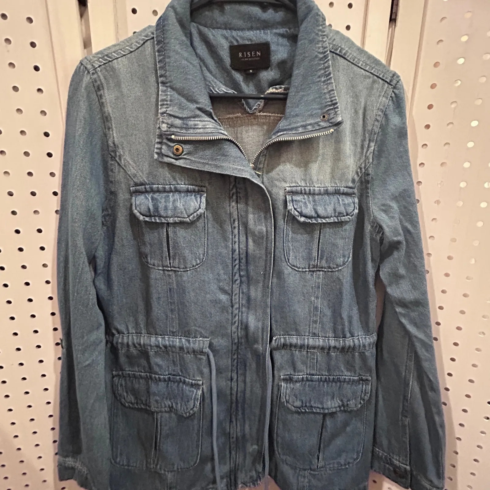 RISEN Denim Utility Jacket Medium Wash Drawstring Waist Front Pockets Size S Blue - Image 2