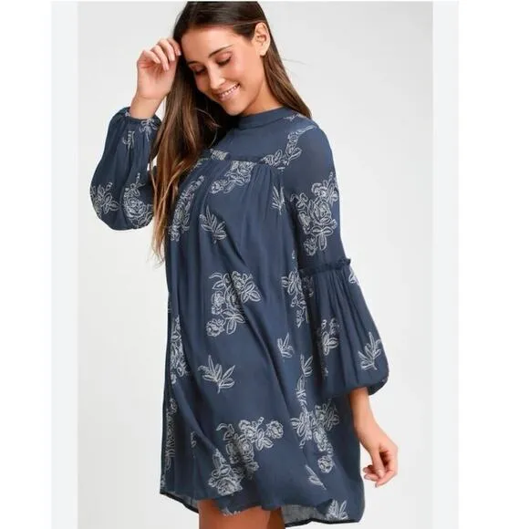 Lulu's No One Quite Like You Blue Embroidered L/S Shift Dress Size S, SEE FLAW - Image 2