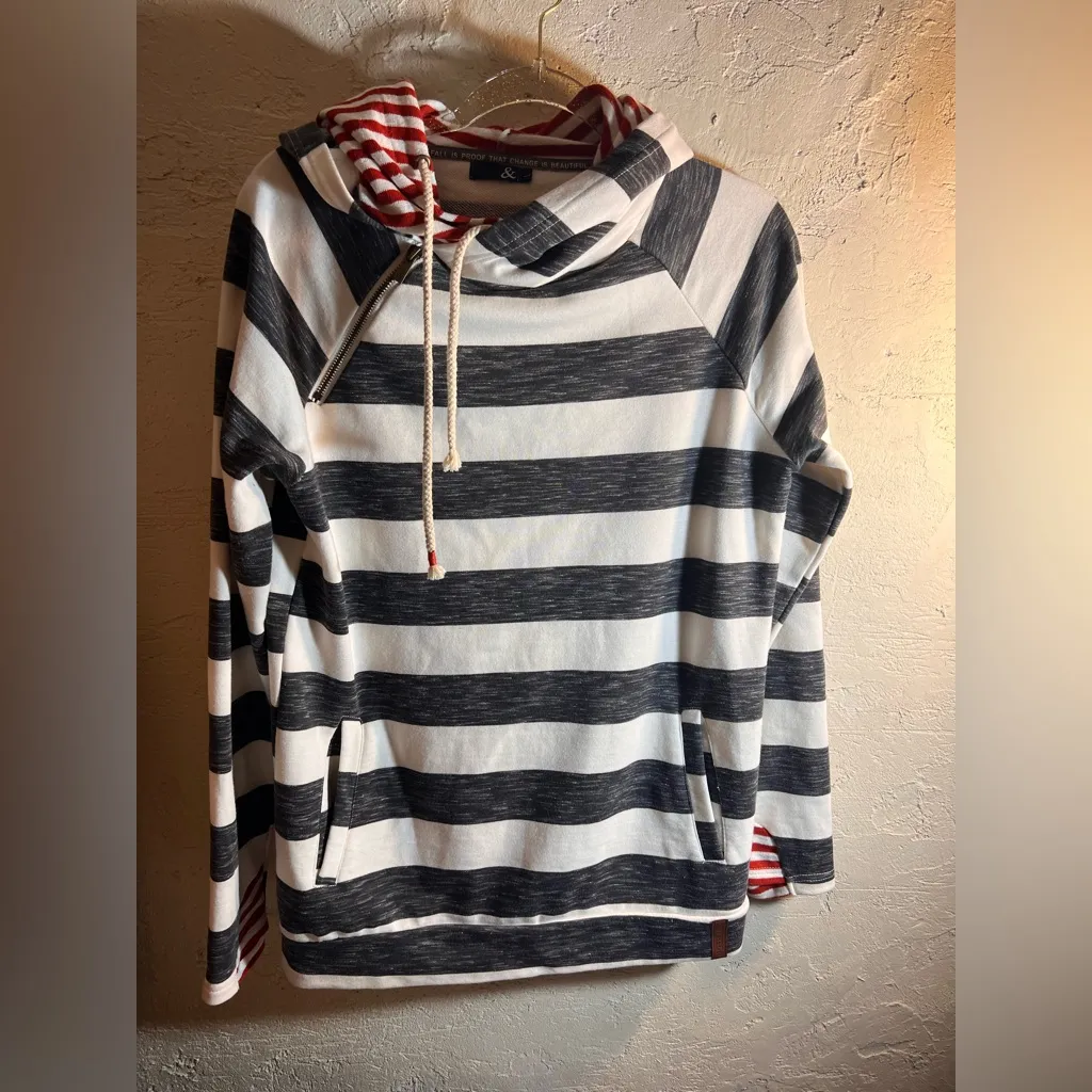 AMPERSAND AVE Striped Hoodie with Red Highlights double hoodie L Y2K streetwear Gray Size L - Image 3