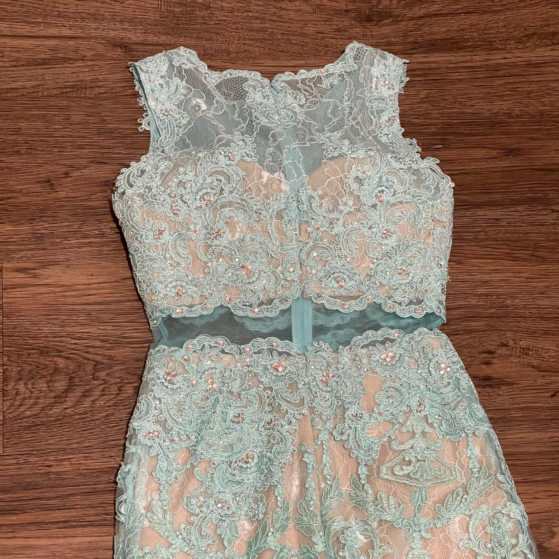 Gigi by La Femme Sleeveless Mock 2 Piece All Over Lace Dress Sheer Midriff Aqua Mint Blue 00 - Image 11