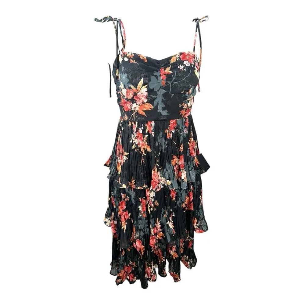 Lulus | Tier to Stay Black Floral Print Tiered Tie-Strap Midi Dress size M New - Image 9