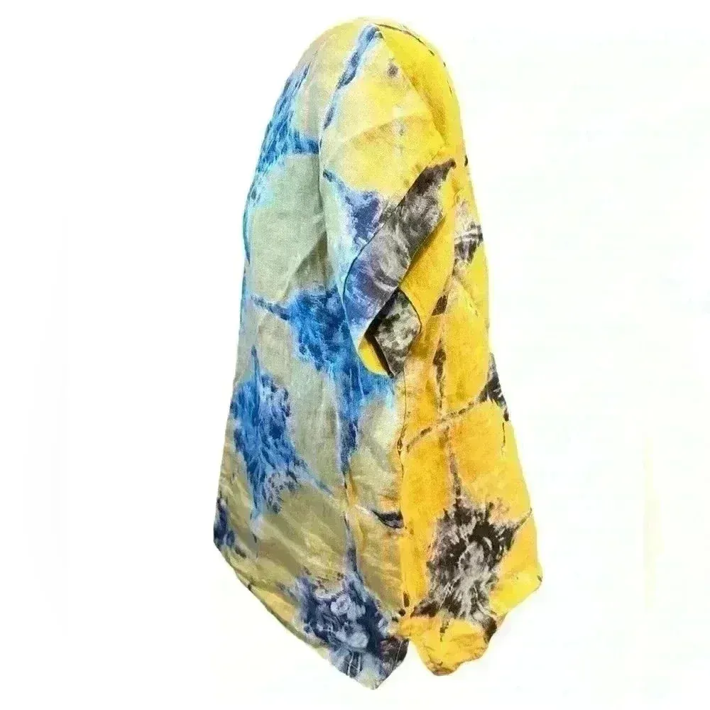 Bellambia Shirt Womens Small Yellow Blue 100% Linen Made In Italy Short Sleeve - Image 2