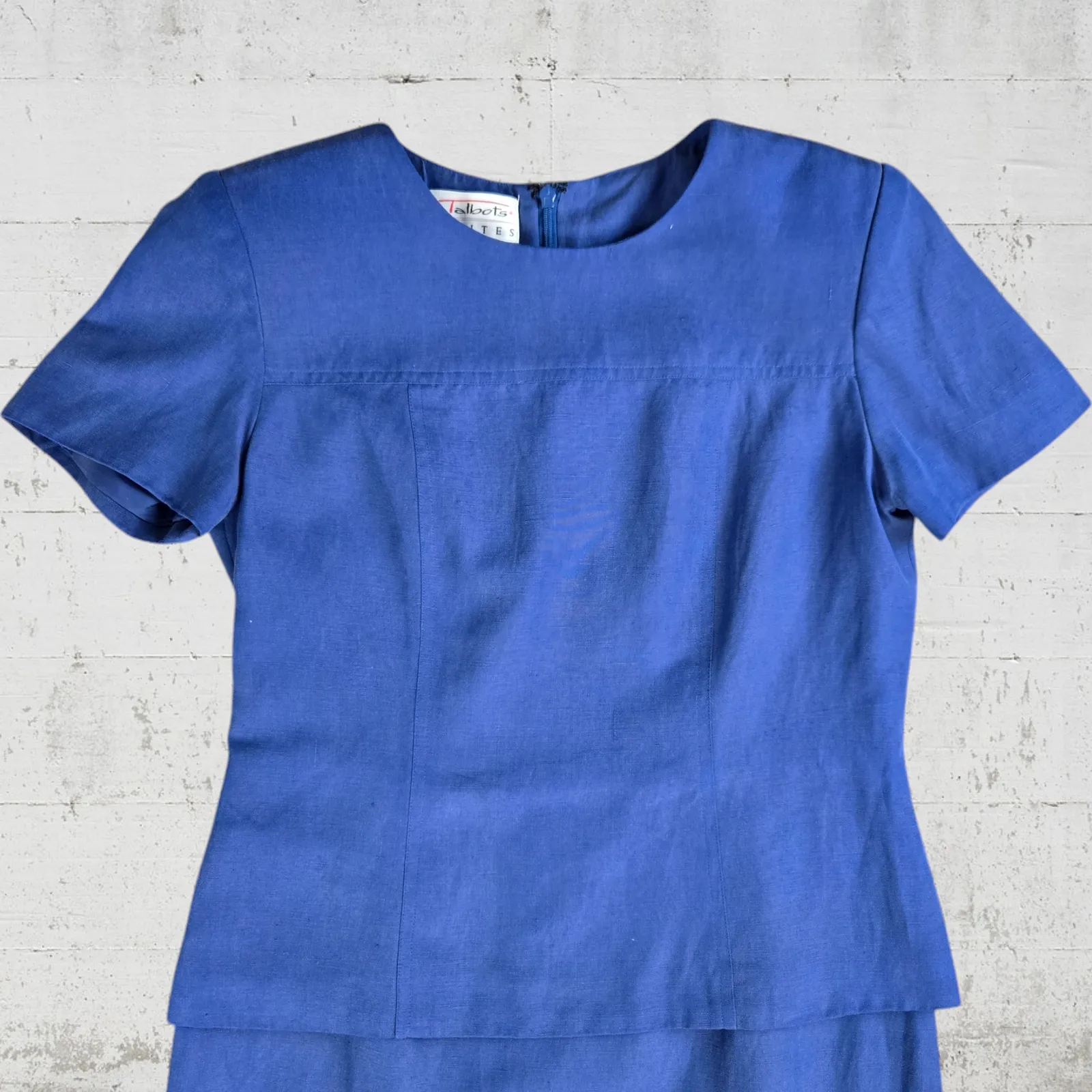 80s Vintage Blue Silk Linen Talbots Classic Peplum Knee Length Dress Size 2P - Image 3