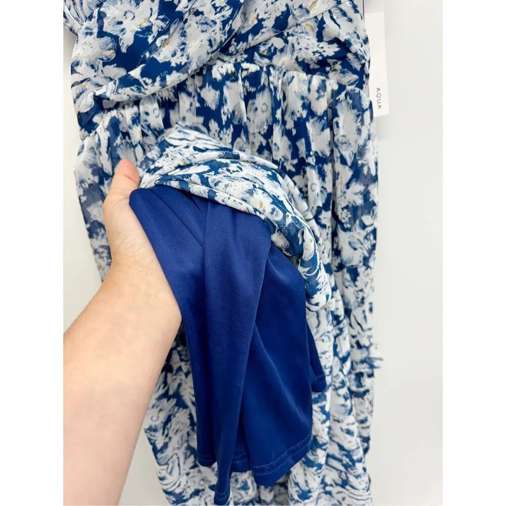 Aqua Maxi Dress Womens Size Small Gown Blue White Tiered Metallic Formal NEW - Image 13