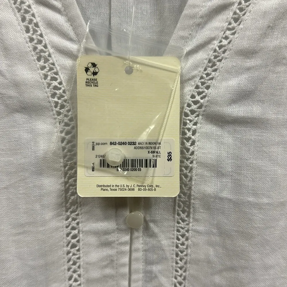 Linen a.n.a Button Down White V Neck Crochet Accent Tie Waist Blouse Womens XS - Image 9