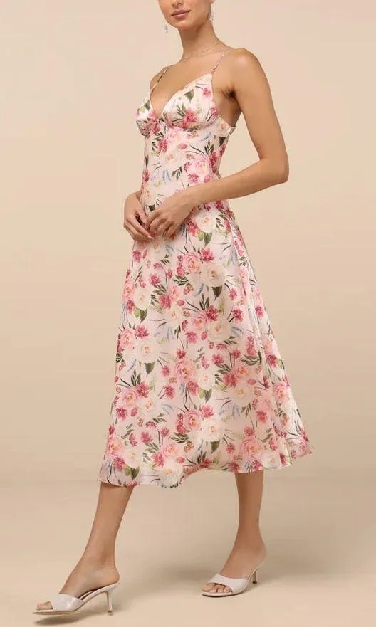 Lulu's - Alaia Floral Satin Backless Midi Dress in Pink Peach & Green - Image 6