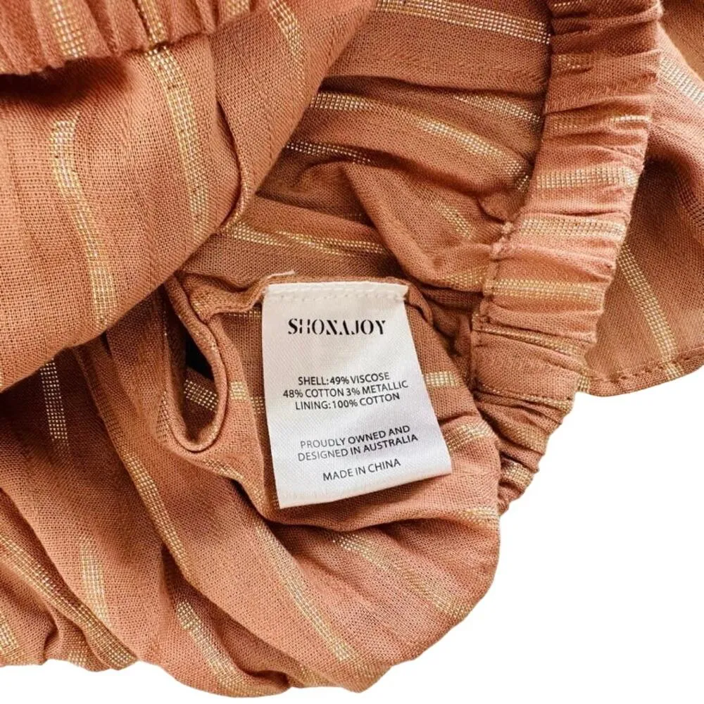 Shona Joy Crop Top Off Shoulder Size 8 Ruffle Smocked Tan Gold Stripe - Image 3