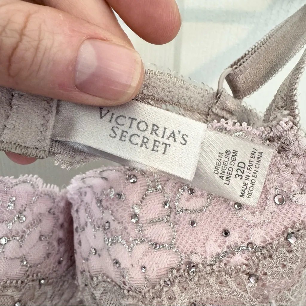 Vintage Victoria's Secret Lace Bra Light Pink and Brown w/Rhinestones 32D - Image 5