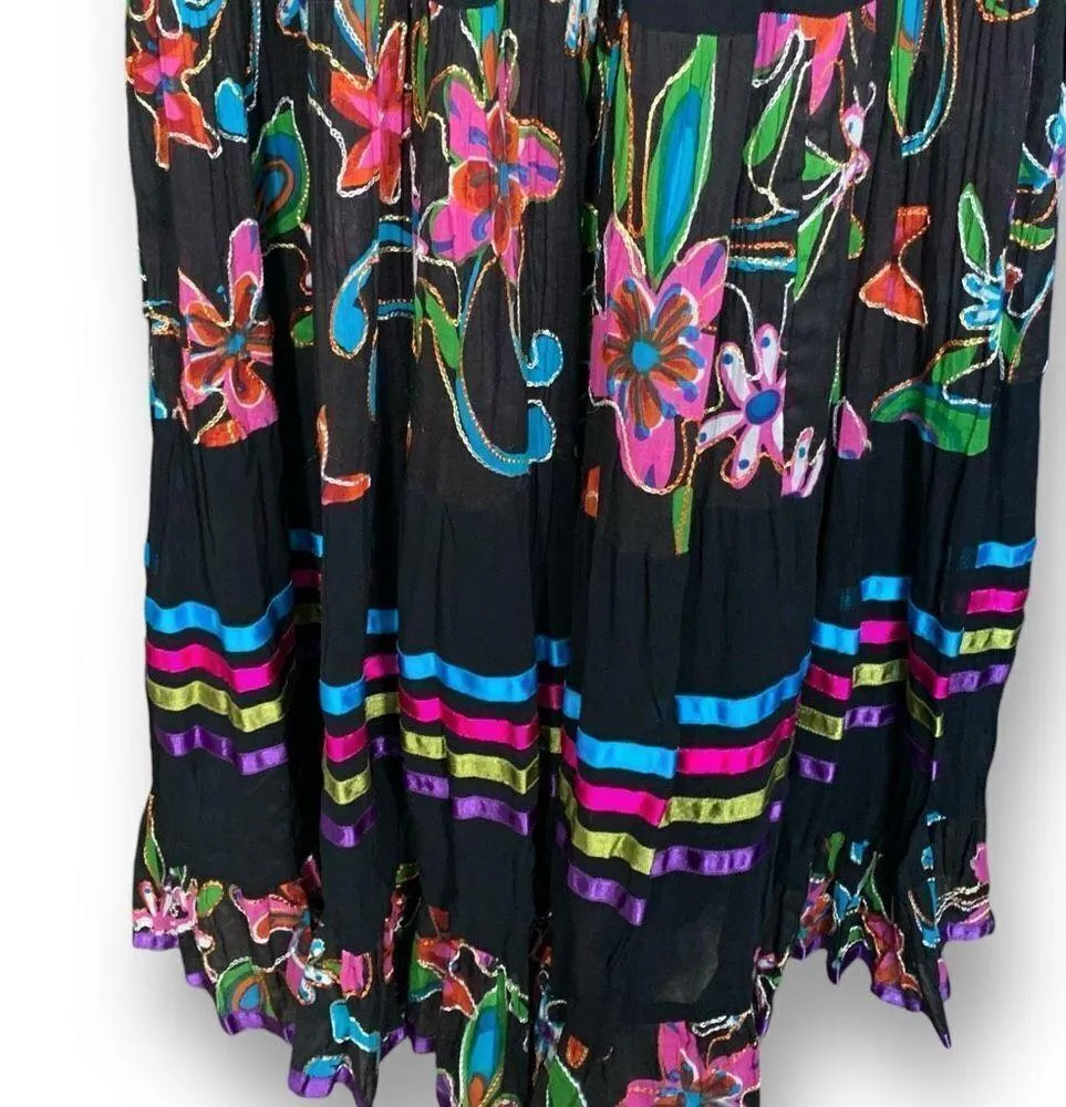 Vintage 90s Maxi Skirt Black Multicolor Floral Print Ribbon Detail Tiered Medium - Image 6