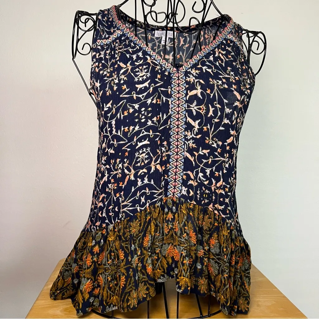 Patrons of Peace Blue and Orange Peplum floral bohemian Tank Top size S - Image 2