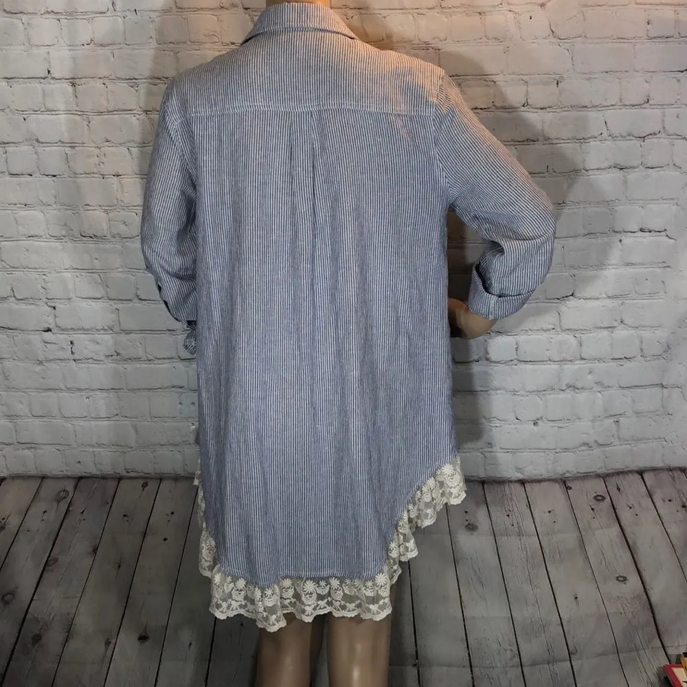 Umgee Long Striped Button Down Shirt Lace Trim M - Image 10
