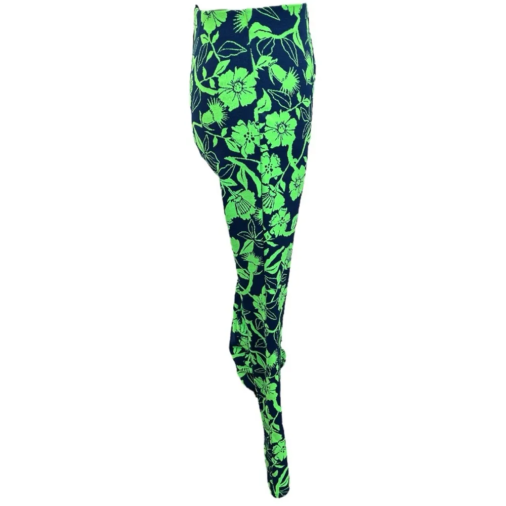 Zara Floral High Rise Bootcut Pants Green Navy Blue Size Small - Image 2