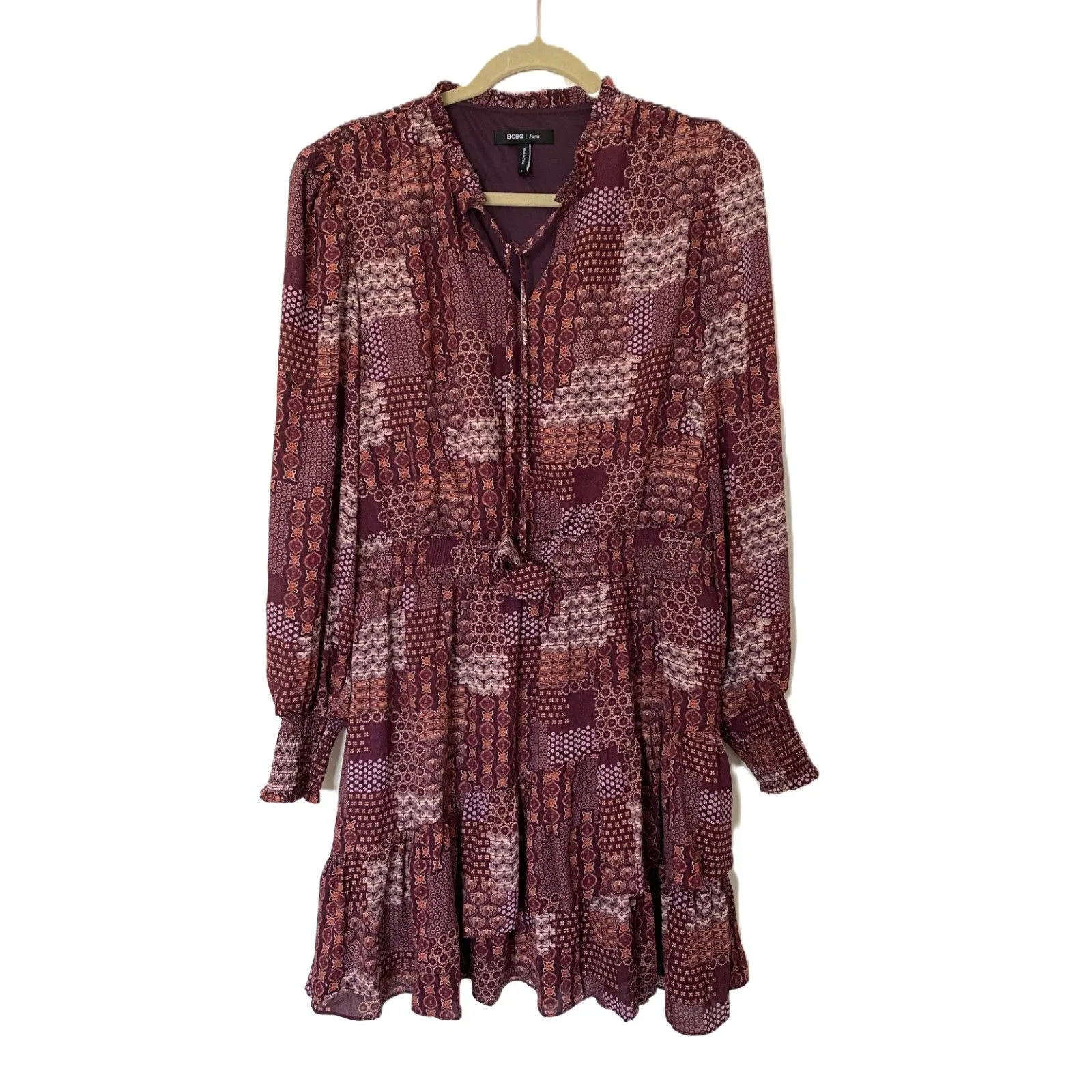 BCBG Paris Womens Tiered Mini Dress Balloon Sleeves Smocked Waist Chic Sz L Purple Size L - Image 3