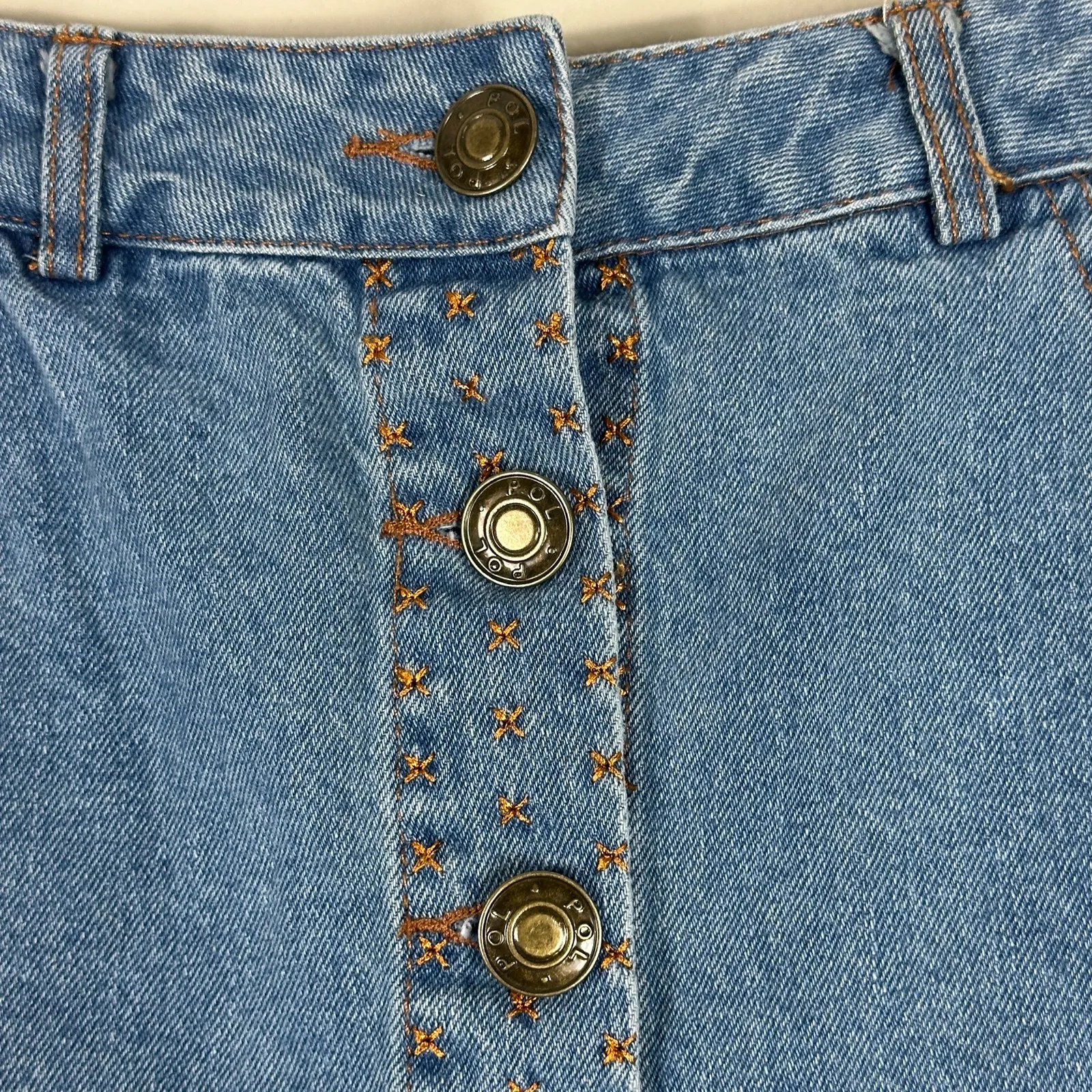 Pol Mini Skirt Womens S Medium Wash Denim Button Front Stretch Embroidered 90s - Image 2