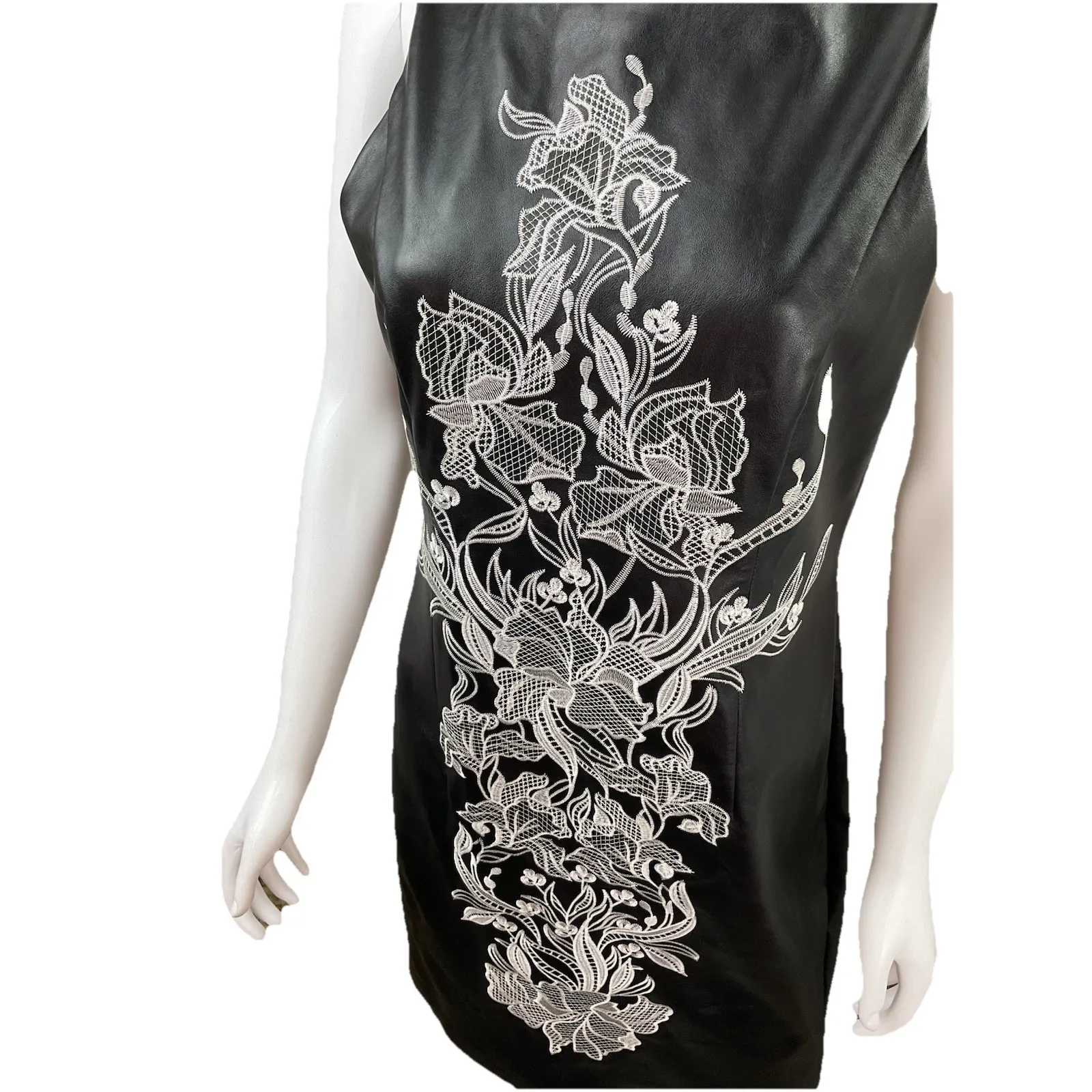 White House Black Market Women 8P Black Leather SL Embroidered Sheath Dress - Image 4