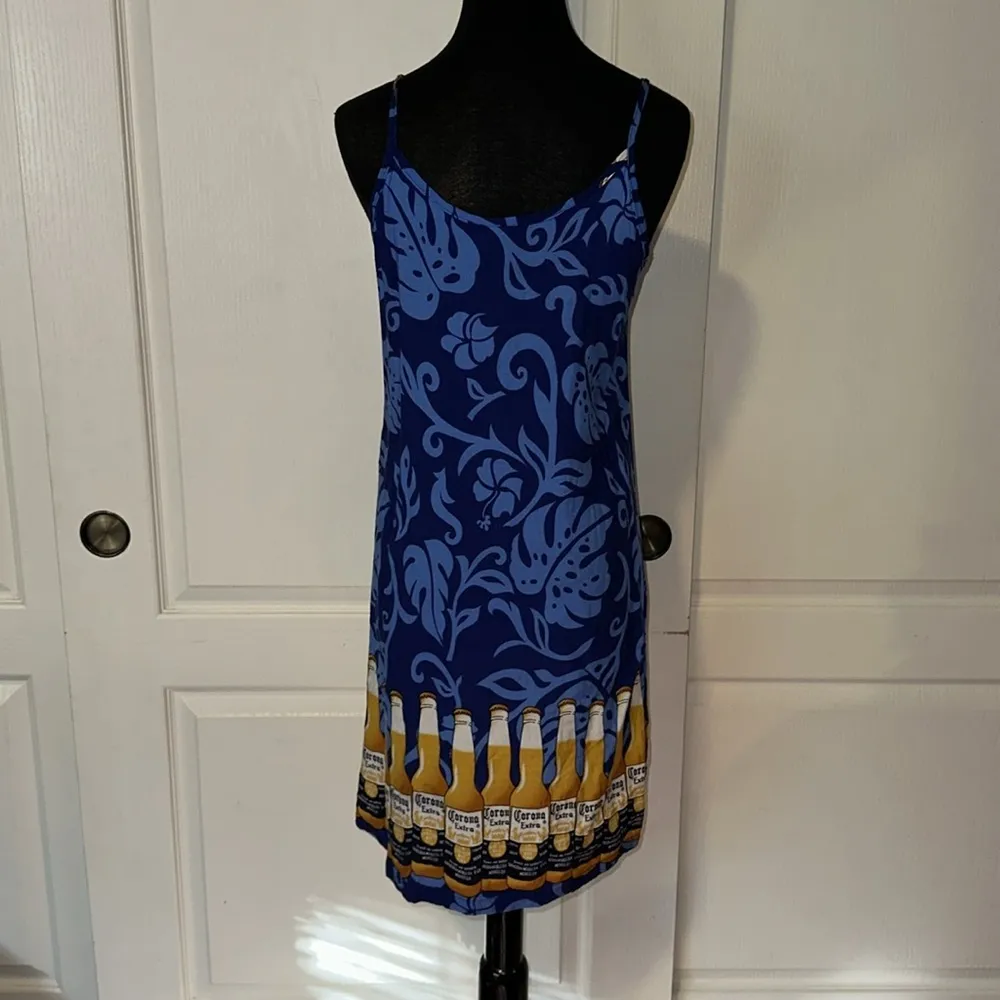 VTG CORONA EXTRA BEER HAWAIIAN PRINT CAMI DRESS Blue Size M - Image 6