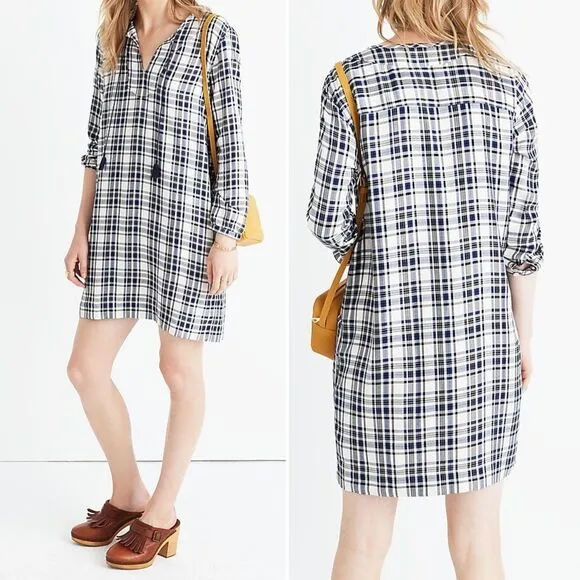 Madewell Plaid Artiste Tunic Dress Blue & Cream Plaid Popover Shift Size XXS 2XS - Image 2