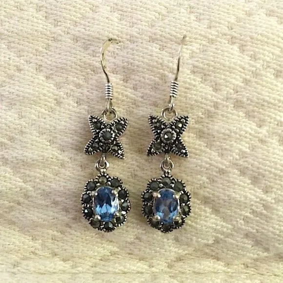 Vintage Art Deco Blue Topaz Marcasite Sterling Silver Drop Earrings - Image 1