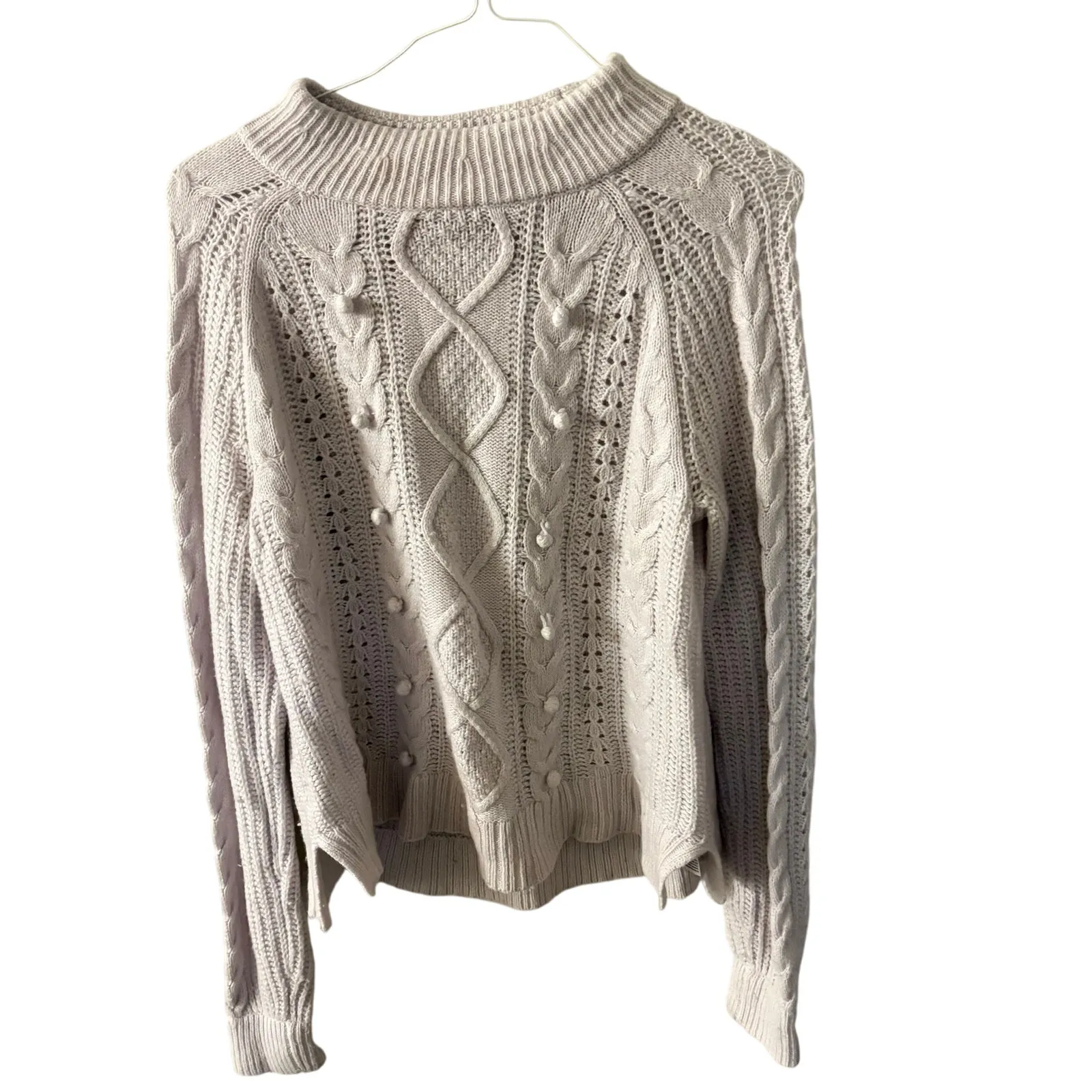 J Crew Wool Pom Pom Cable Knit Long Sleeve Sweater Medium Women’s Gray AE995 - Image 3