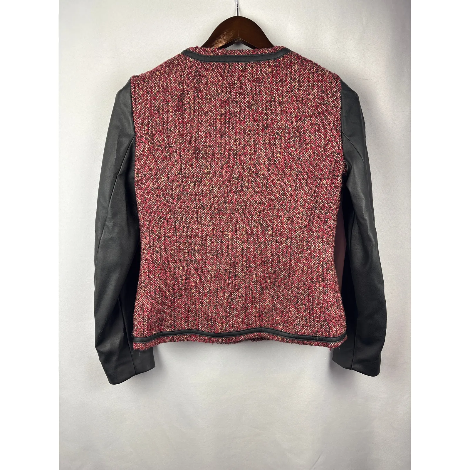 Women’s Willi Smith Size 2 Red & Black Tweed & Leather Jacket - Image 5