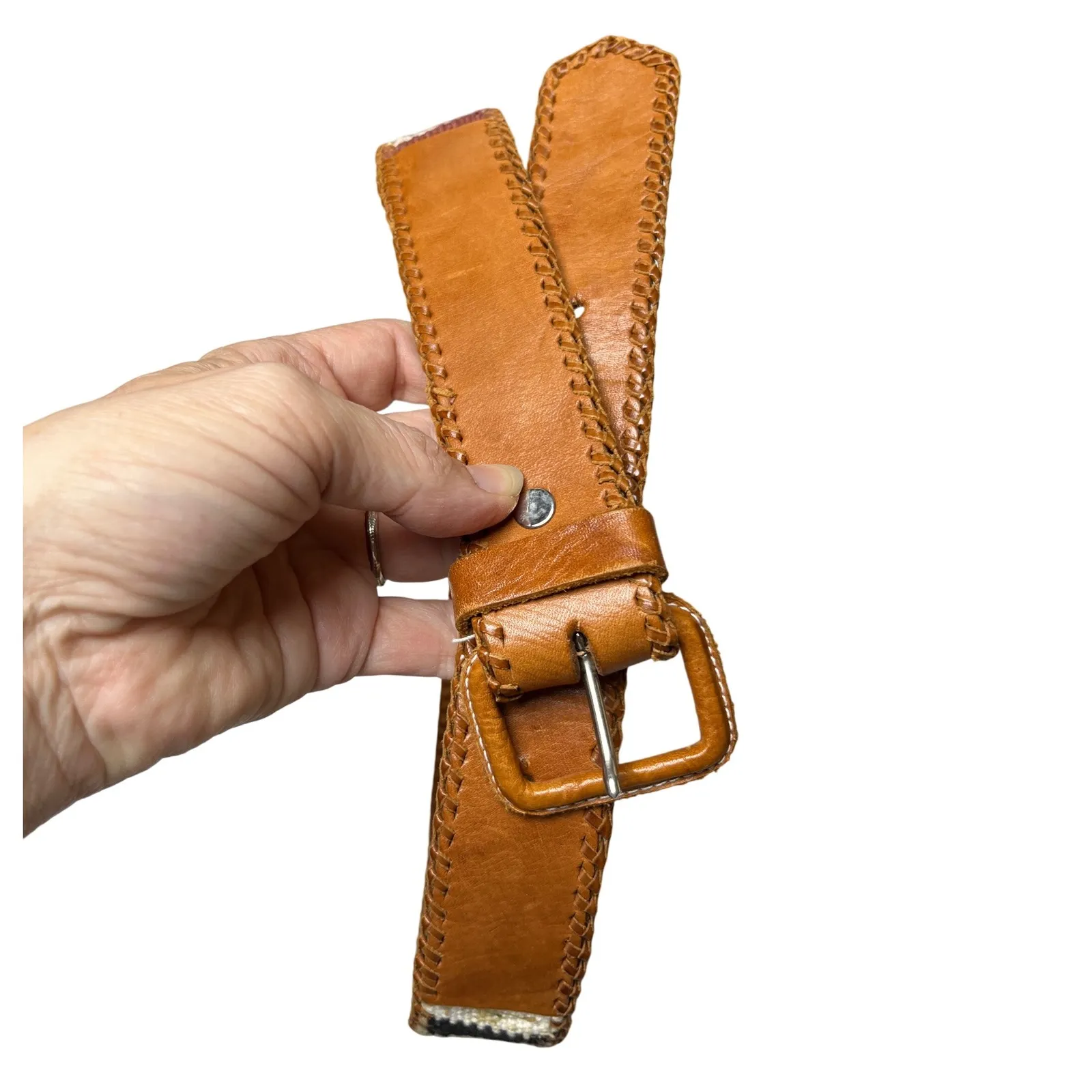 Woven‎ Leather Belt Guatemalan Colorful Striped Boho Western XS 35" Brown - Image 5