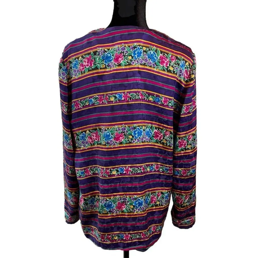 Adrianna Papell 12 Silk‎ Hook & Eye Button Colorful Floral Shirt Granny Boho VTG Purple - Image 2