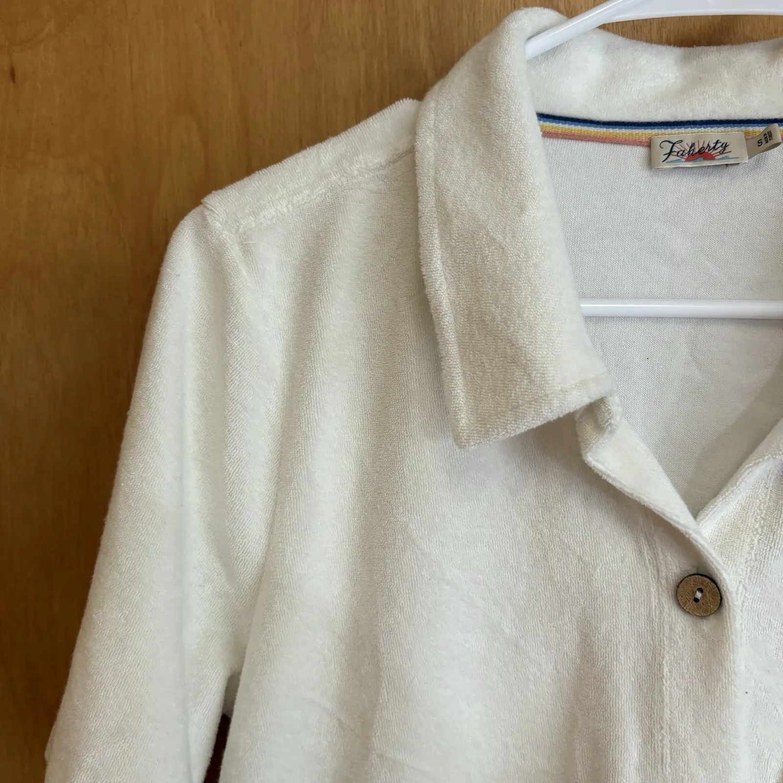 FAHERTY Cabana‎ Towel Terry Top Short Sleeve Button Up Egret White Size Small - Image 3