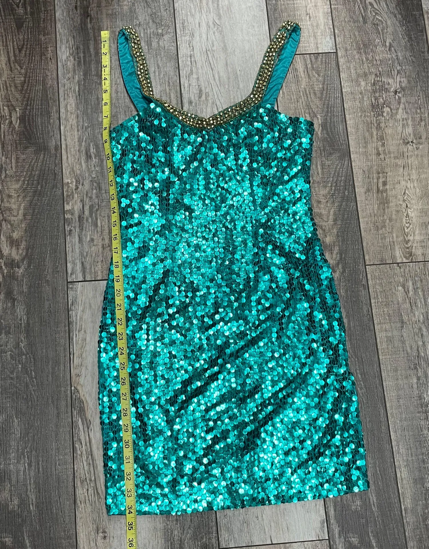 By Della Roufogali Green Sequin with Gold Beaded Neckline Mini Dress 8 - Image 16