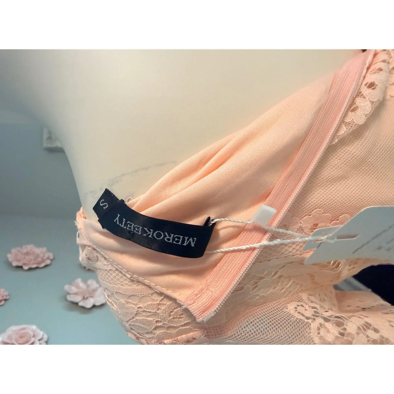 MEROKEEITY Lace Maxi Dress Peach Short Sleeve lace maxi boho New w Tags Size SM Pink - Image 4