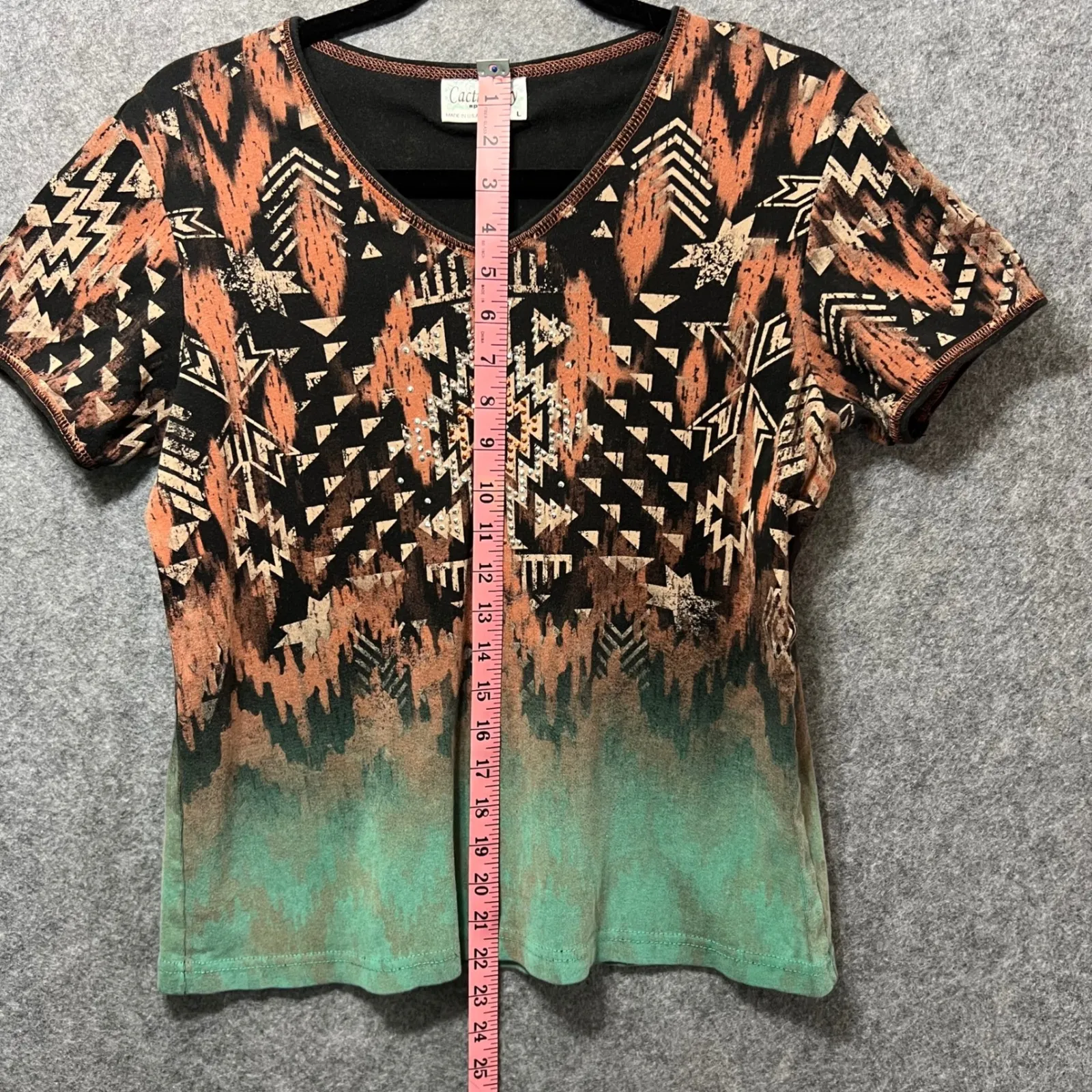 Cactus Bay‎ Aztec Southwest Rhinestone Top Large Black Orange Turquoise Tribal - Image 6