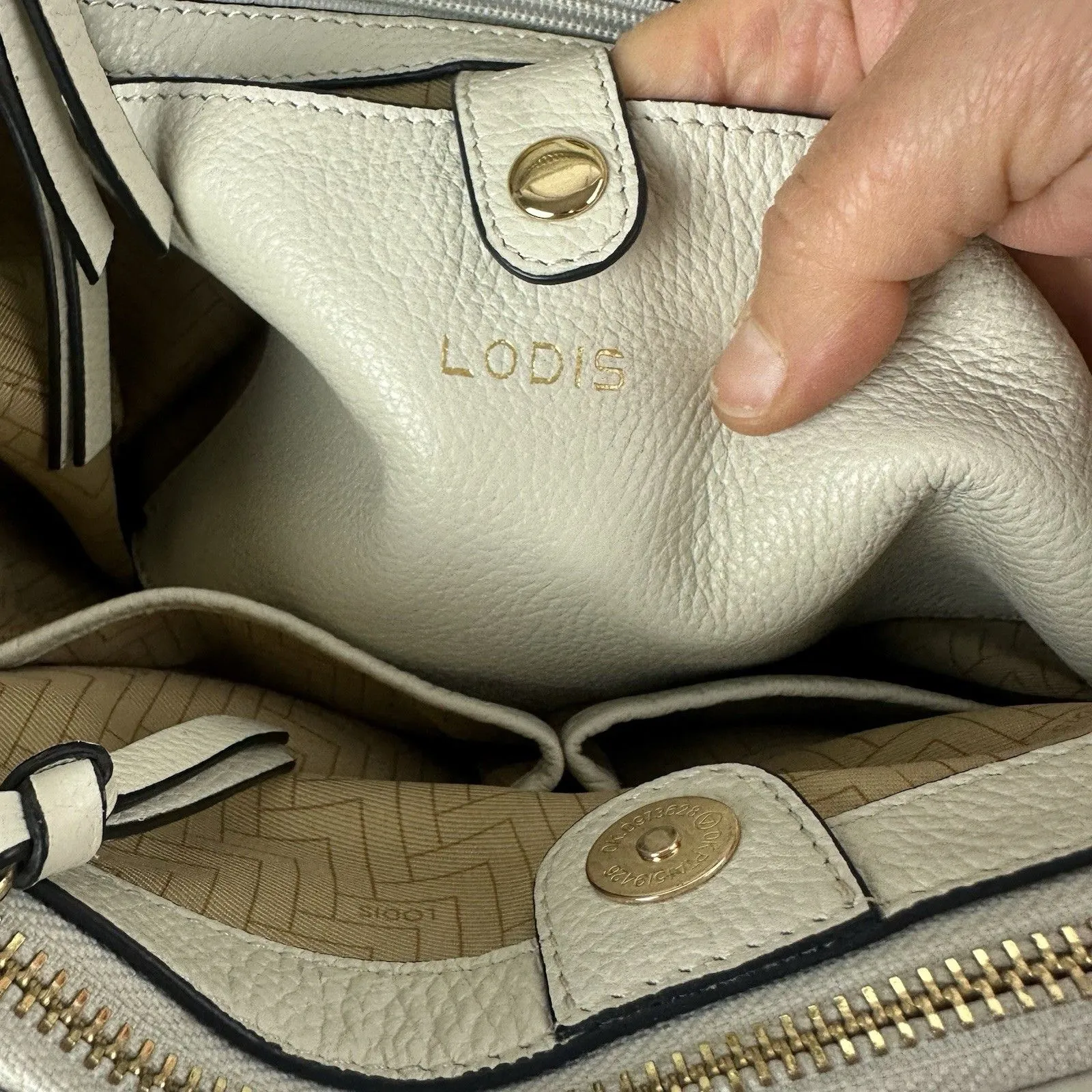 Lodis Aria Leather Tote Organizer Purse Shoulder Bucket Bag Mushroom Off White - Image 11