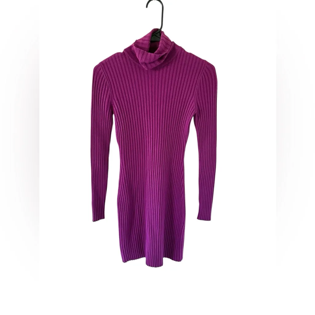 Wolford Ribbed Merino Wool Purple Turtle Neck Dress - Image 3