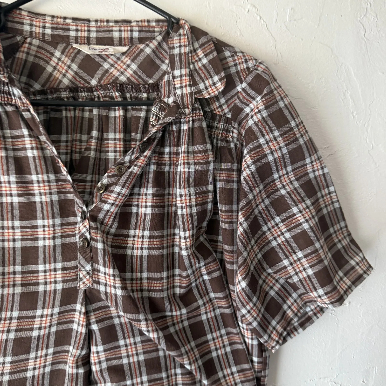 Vintage Levis Shirt Womens Large Brown Plaid‎ Button Up Short Sleeve Western 70s - Image 3